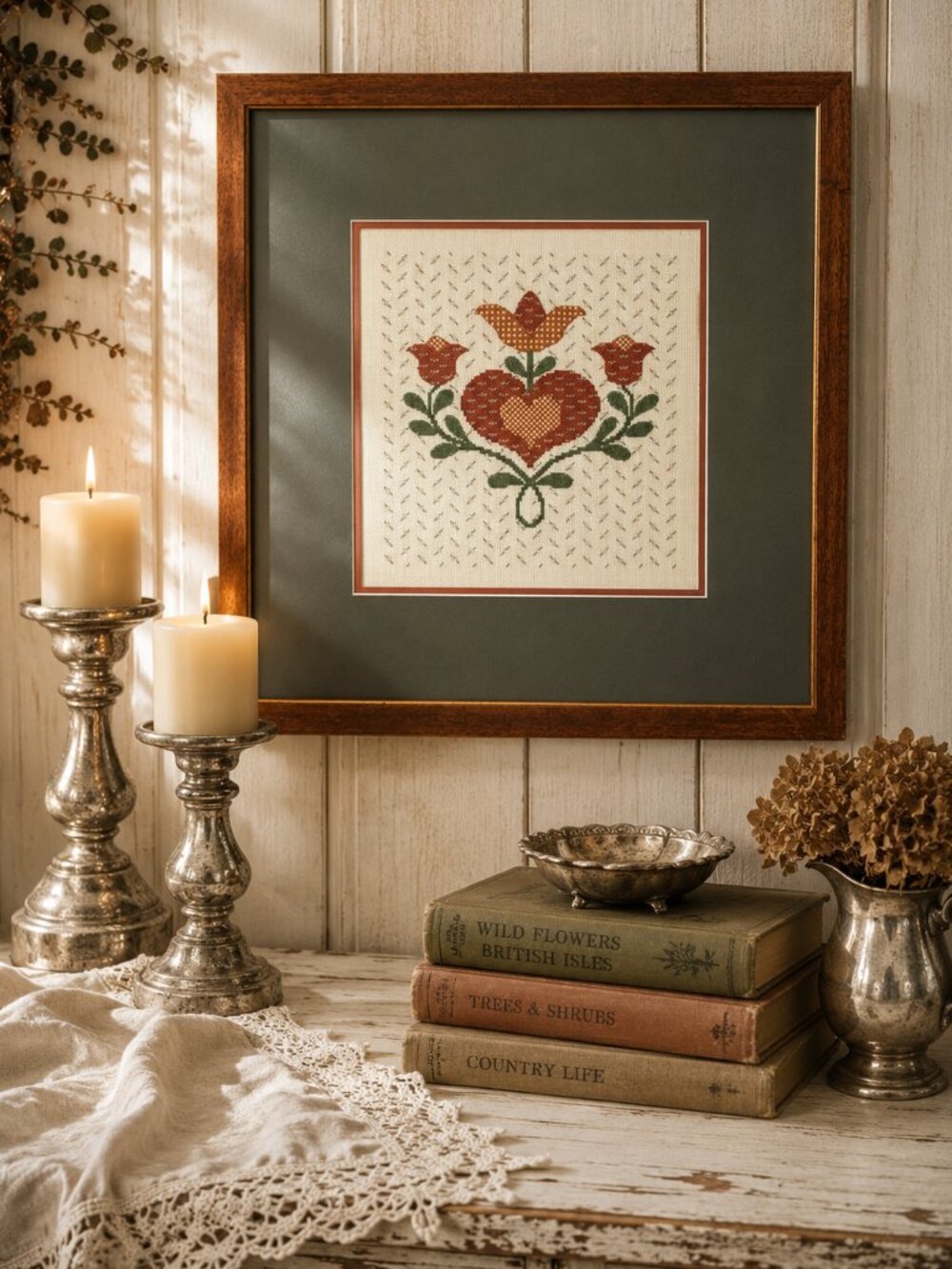 Vintage Cross Stitch Folk-Art Floral Botanical Needlework